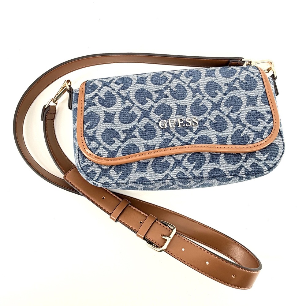 Guess Crossbody Bag Womens Blue Denim Monogram Excellent Gold Hardware Logo